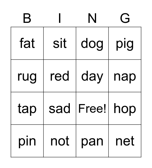 Short Vowel BINGO Card