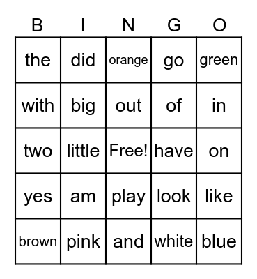 Kindergarten Sight Words Bingo Card