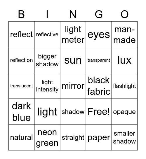 Light and Shadow Bingo Card