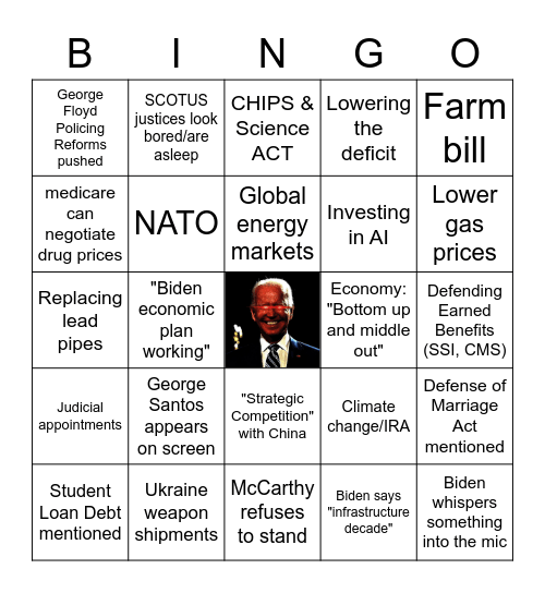 Pres. Biden State of the Union Address 2023 Bingo Card