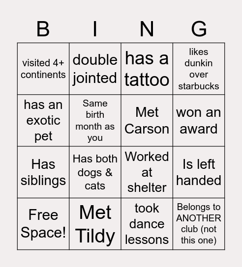 Paws and Claws Bingo Card