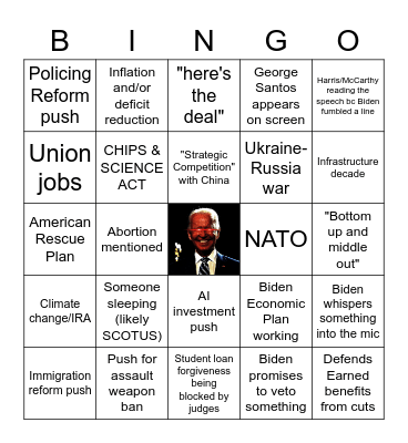 Pres. Biden State of the Union 2023 Address Bingo Card
