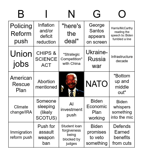 Pres. Biden State of the Union 2023 Address Bingo Card