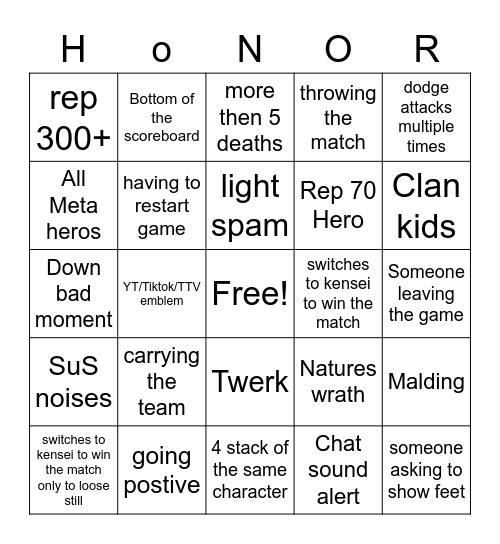 For honor bingo Card