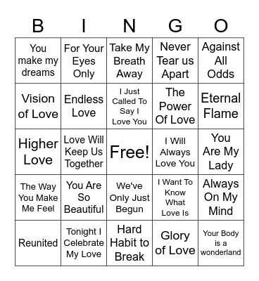 LOVE SONGS Bingo Card