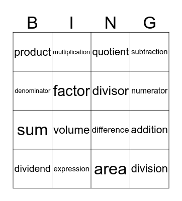 Math Term Bing Bingo Card