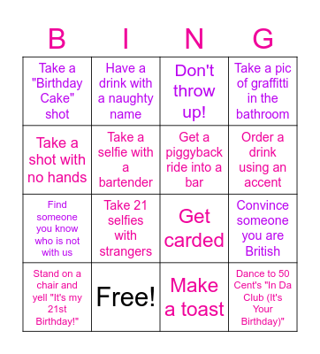 Kaylee's 21st Birthday Bar Crawl Bingo Card