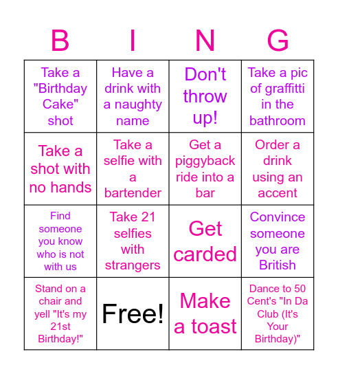 Kaylee's 21st Birthday Bar Crawl Bingo Card