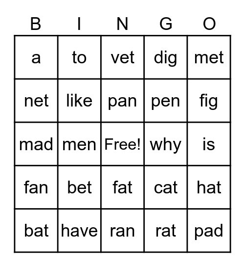 Spelling Words Bingo Card