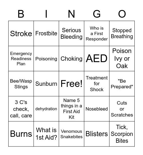 First Aid BINGO Card