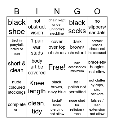 Dress Code Bingo Card