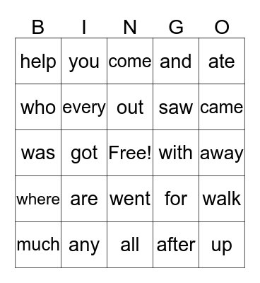 Sight words  Bingo Card