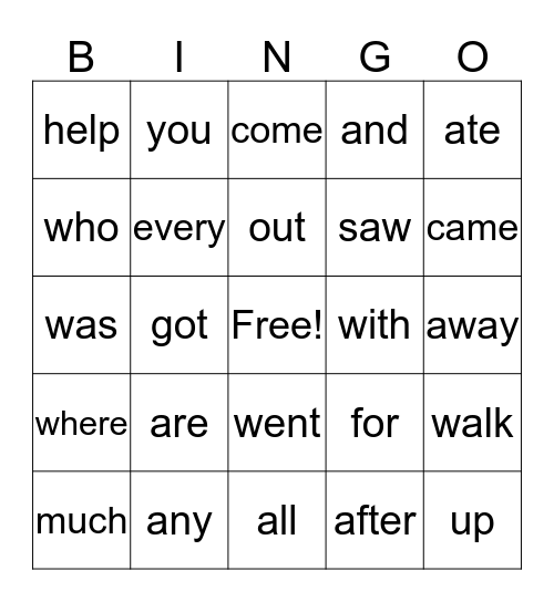 Sight words  Bingo Card