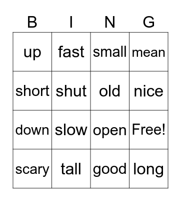 Adjective Word Bingo Card