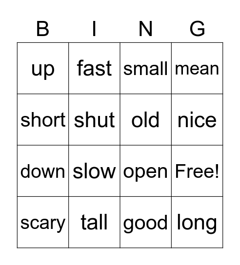 Adjective Word Bingo Card