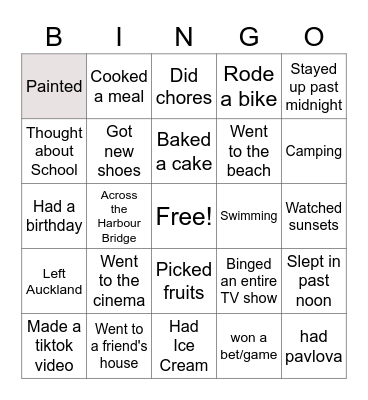 Summer Break Bingo Card