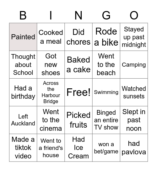 Summer Break Bingo Card