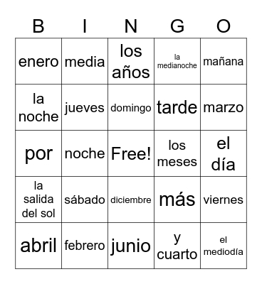 Meses, Dias, y Tiempo Bingo Card