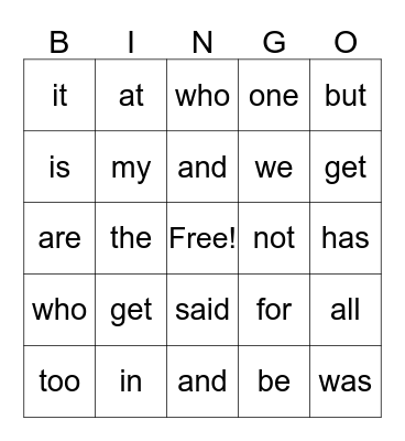 BINGO SIGHT WORDS Bingo Card