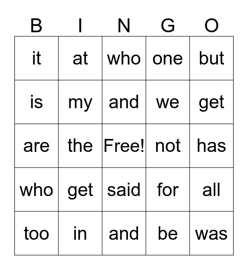 BINGO SIGHT WORDS Bingo Card