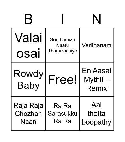 Tamil Movie Songs Bingo Card