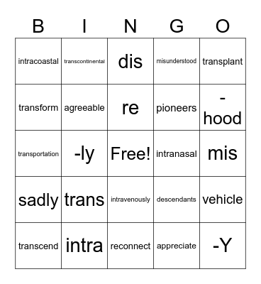 morphology and vocabulary Bingo Card