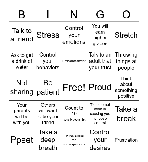 Self Control BINGO Card