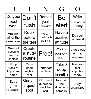 Study Skills Bingo Card