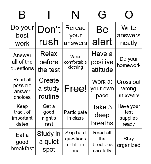 Study Skills Bingo Card