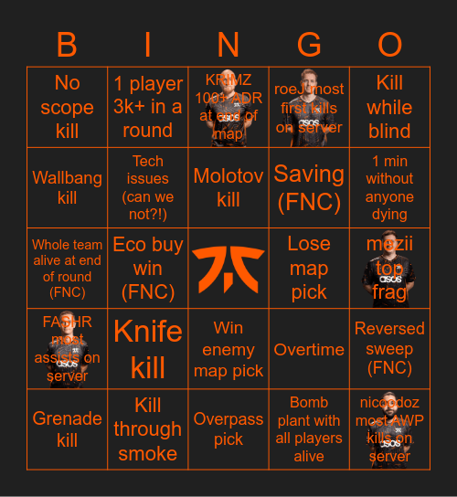 CSGO Fnatic vs Vitality Bingo Card