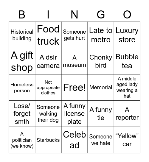 Gov field trip Bingo Card