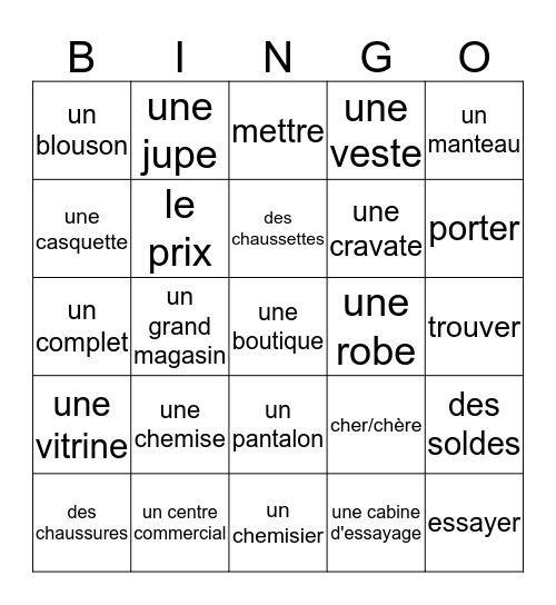 Les Vêtements Bingo Card