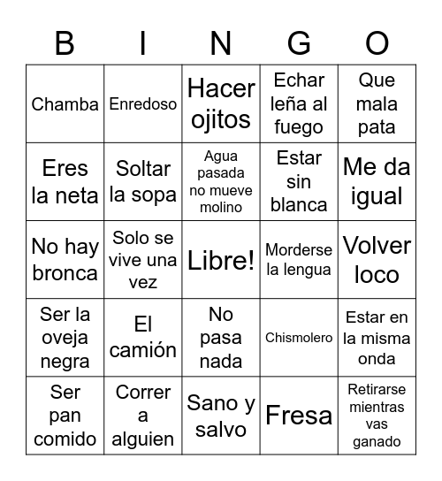 Modismos y La Jerga Bingo Card