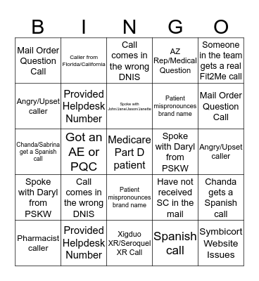 I got a call Bingo Card