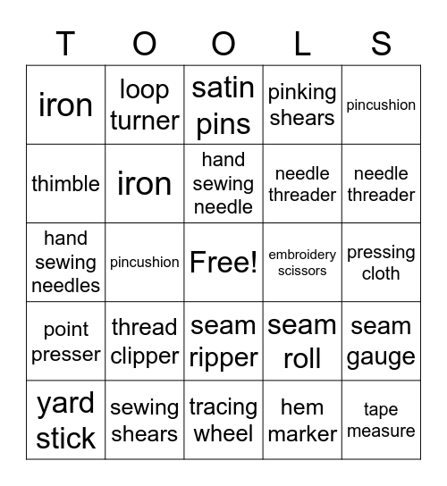 Sewing Tools Bingo Card