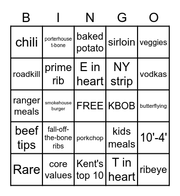 Texas Roadhouse Bingo Card