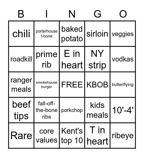 Texas Roadhouse Bingo Card