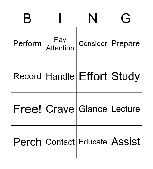 Verbs Verbs Verbs Bingo Card