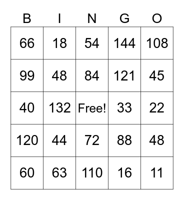 Gilchrist Multiplication 8, 9, 10, 11 and 12 Bingo Card