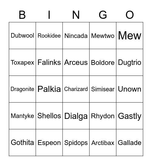 Pokemon Bingo Card
