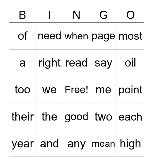 Vowel Teams High Frequency Words #1 Bingo Card