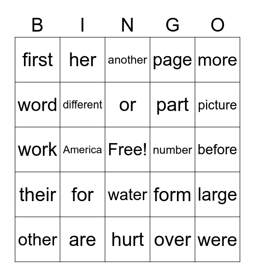 R-Controlled High Frequency Words #1 Bingo Card