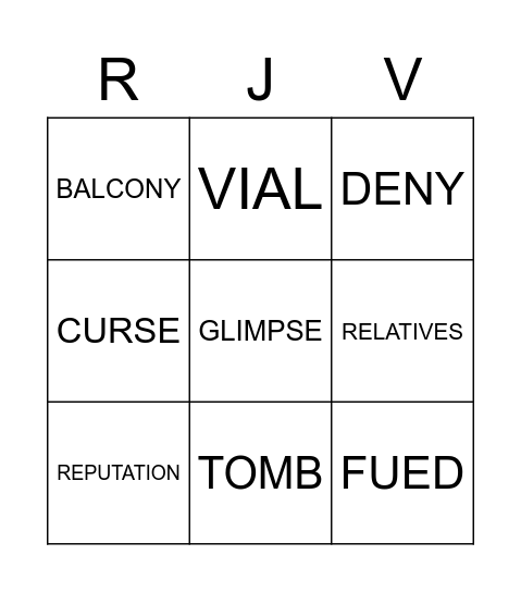 Romeo & Juliet Vocabulary Bingo Card