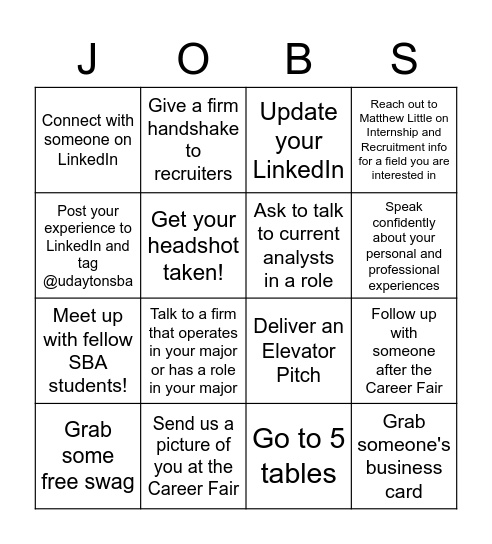 Career Fair Bingo Card