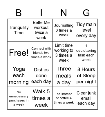 Wellbeing Goals Bingo Card