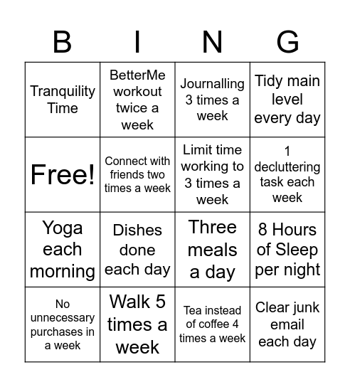 Wellbeing Goals Bingo Card