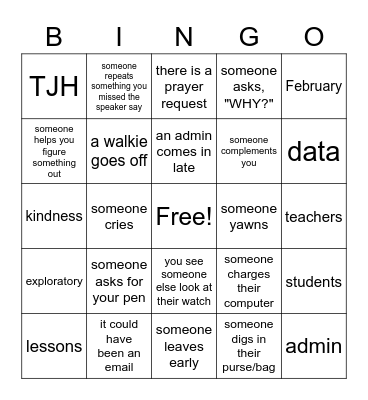 TJH Faculty Meeting Bingo Card