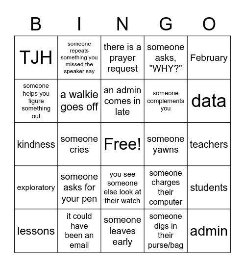 TJH Faculty Meeting Bingo Card