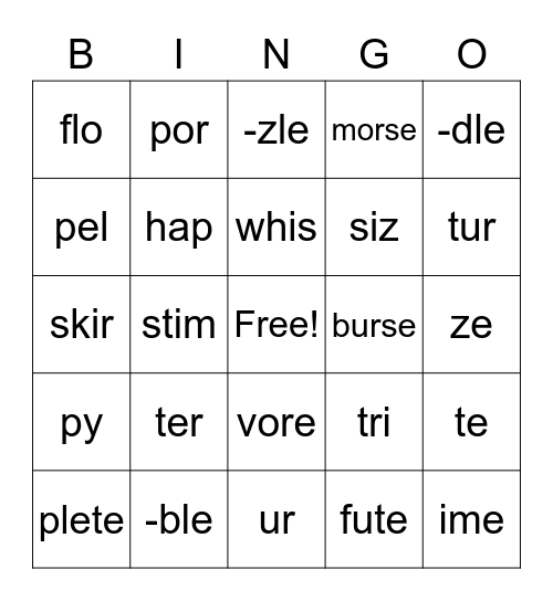 Syllable Type Bingo (closed, open, r-controlled, final consonant -le, silent e) Bingo Card