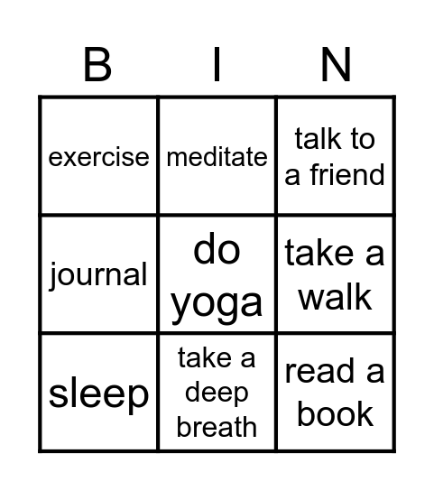 stress relief Bingo Card